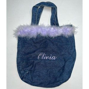 Denim Tote Bag Purse Embroidered Name OLIVIA Small Purple Boa Trim Girls Womens